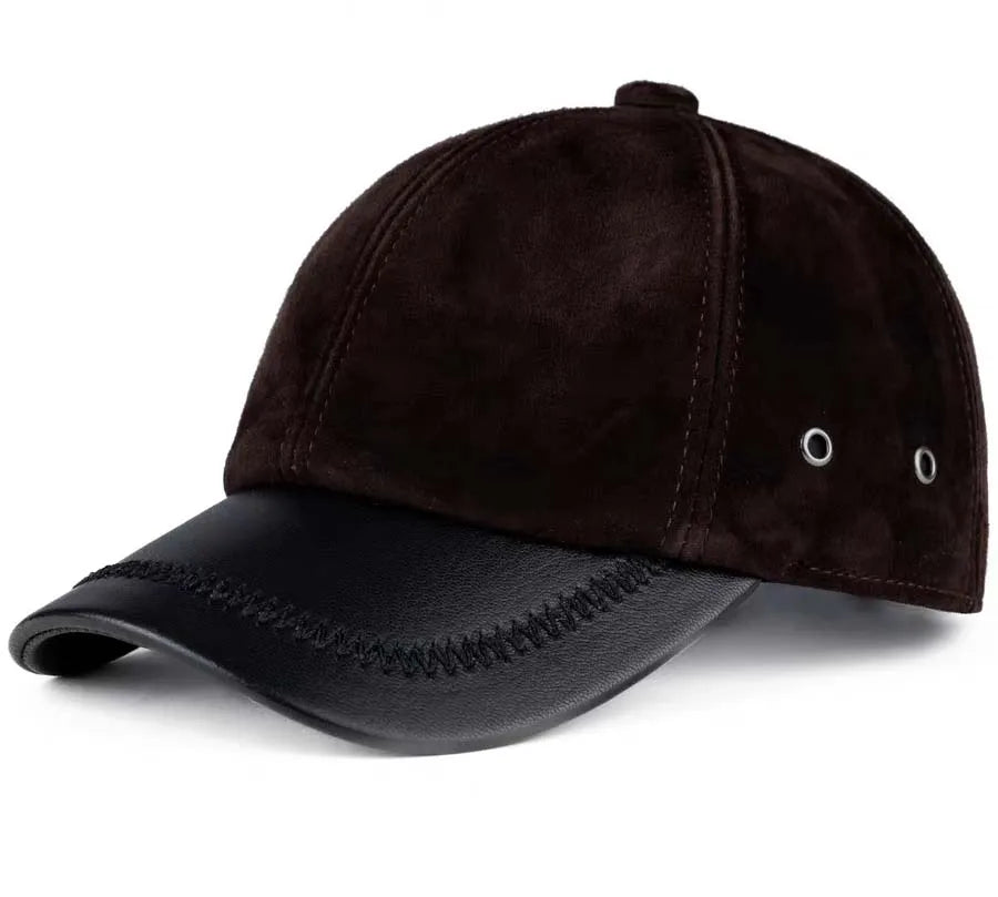 Retro Brown Male Suede Genuine Leather Caps