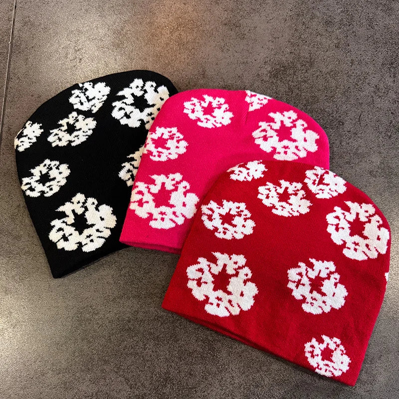 Floral Print Knit Beanie for Men Women