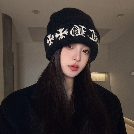 Black Gothic Cross Pattern Warm Knitted Beanie Cap