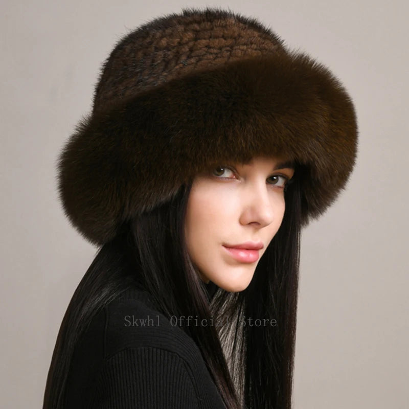 New Genuine Real Natural Knitted Mink Fur Beanies Hat