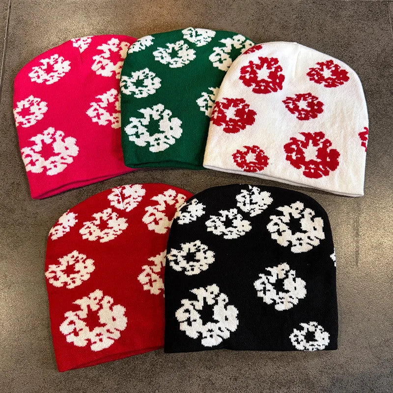 Floral Print Knit Beanie for Men Women