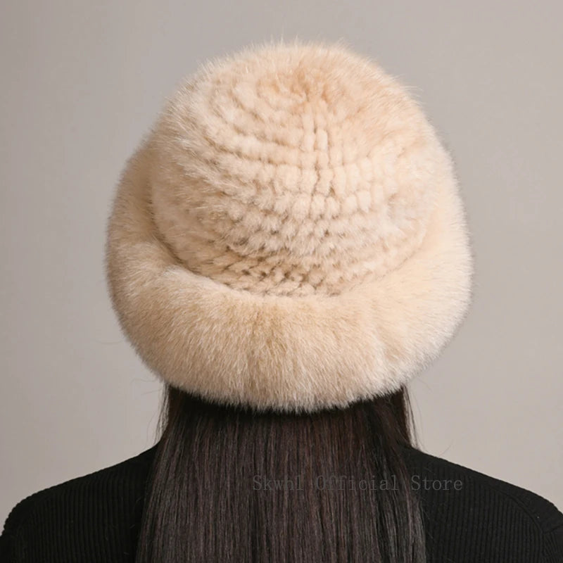 New Genuine Real Natural Knitted Mink Fur Beanies Hat