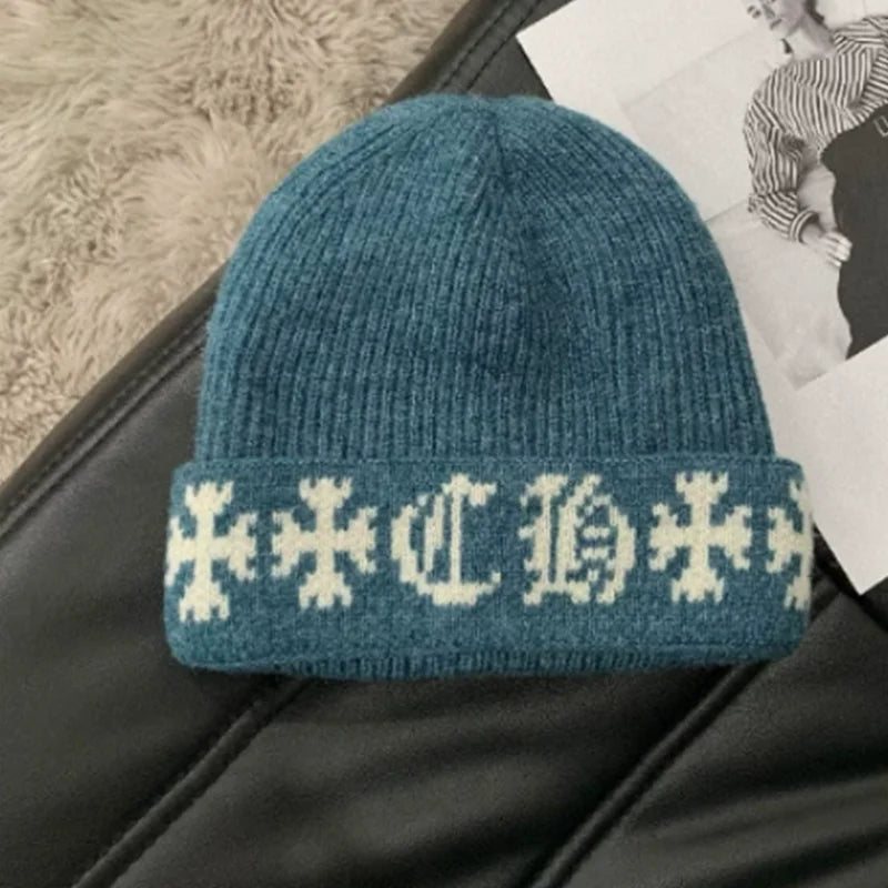 Black Gothic Cross Pattern Warm Knitted Beanie Cap