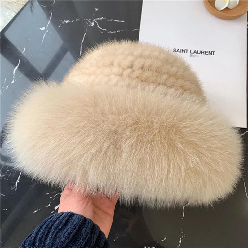 New Genuine Real Natural Knitted Mink Fur Beanies Hat