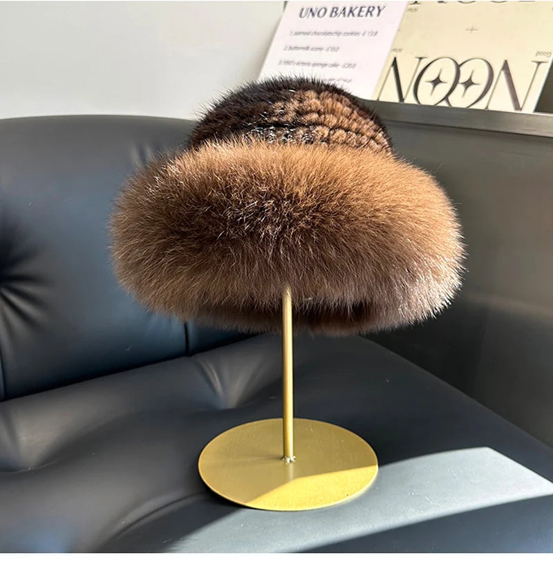 New Genuine Real Natural Knitted Mink Fur Beanies Hat