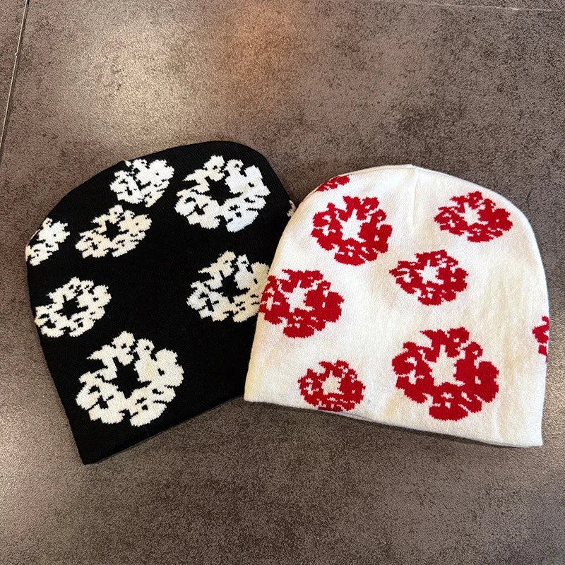 Floral Print Knit Beanie for Men Women