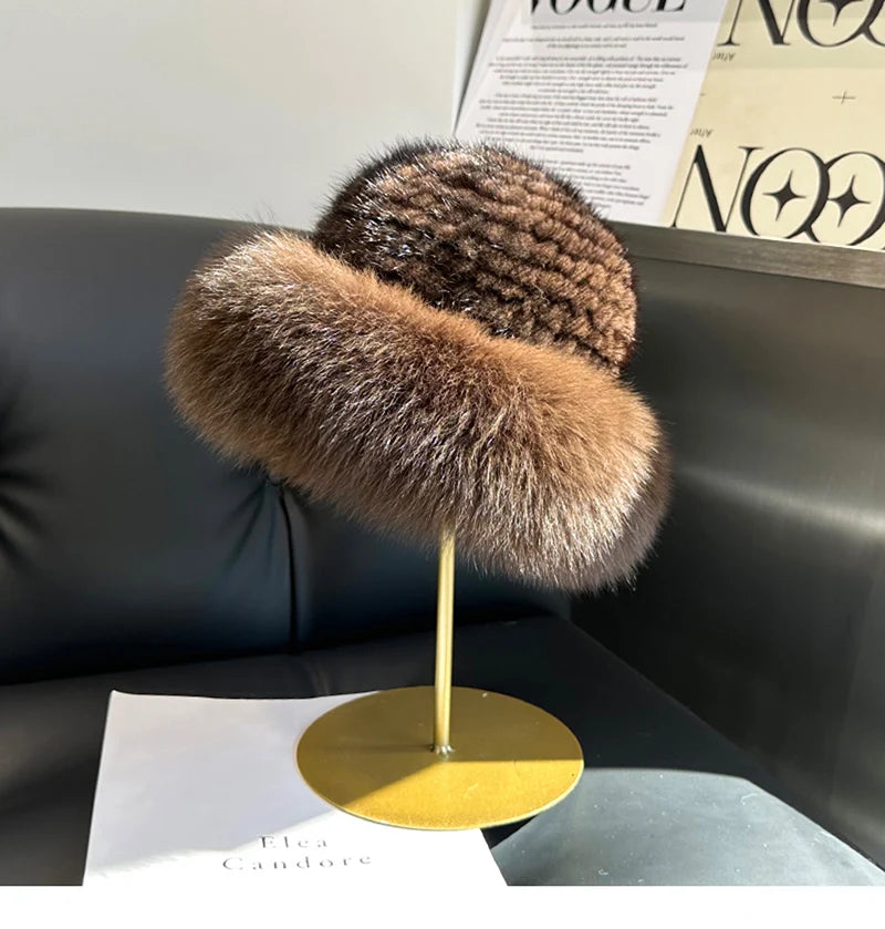 New Genuine Real Natural Knitted Mink Fur Beanies Hat