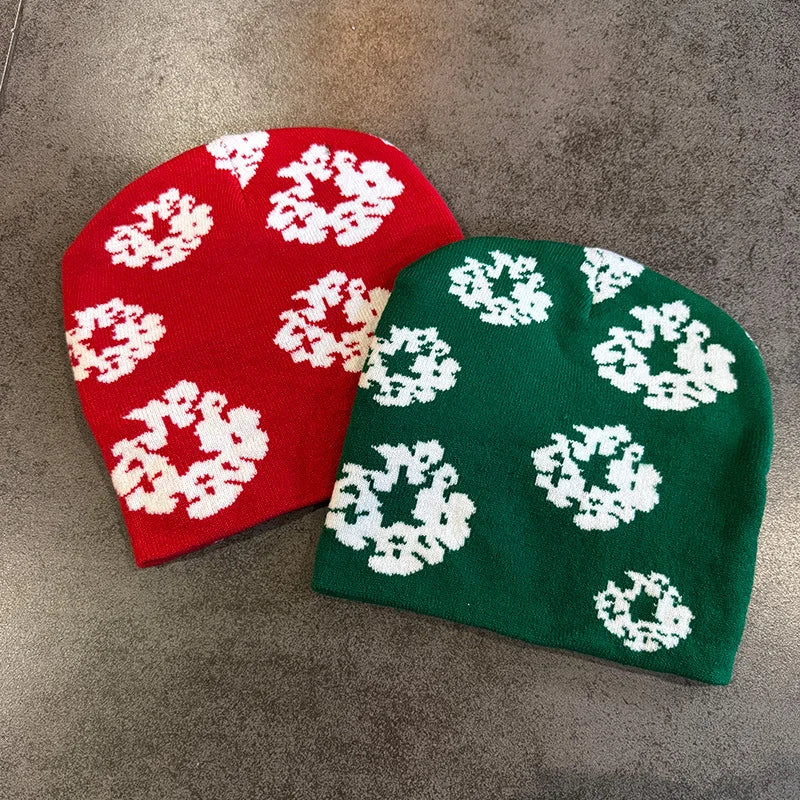 Floral Print Knit Beanie for Men Women