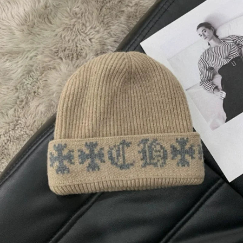 Black Gothic Cross Pattern Warm Knitted Beanie Cap