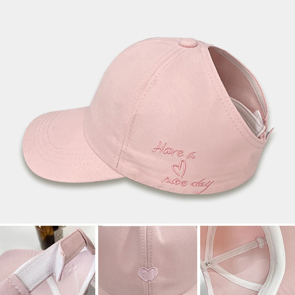 Women's Ponytail Baseball Cap with Love Embroidery