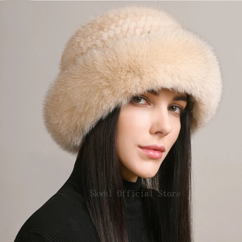 New Genuine Real Natural Knitted Mink Fur Beanies Hat