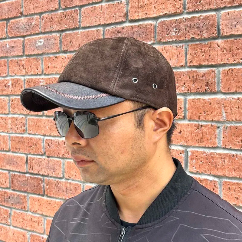 Retro Brown Male Suede Genuine Leather Caps