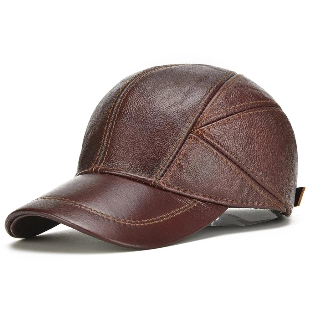 Fall Winter Genuine Real Cowhide Leather Baseball Cap
