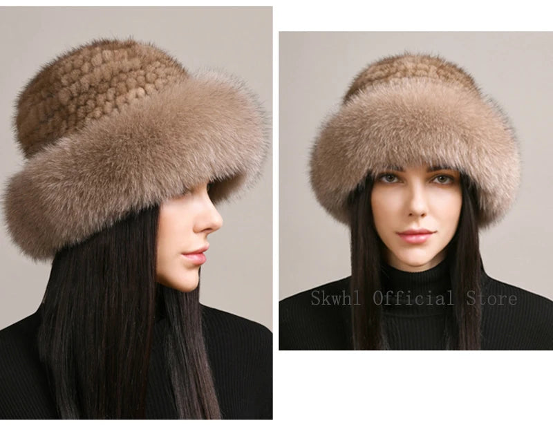New Genuine Real Natural Knitted Mink Fur Beanies Hat
